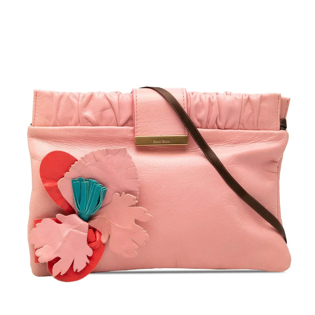Miu Miu Lambskin Flower Applique Clutch with Strap Pink Leather Very good - Front View