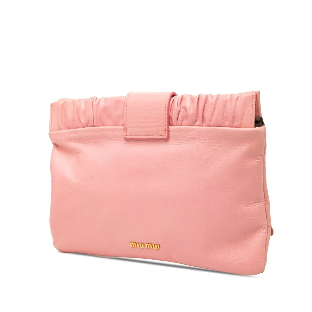 Miu Miu Lambskin Flower Applique Clutch with Strap Pink Leather Very good - Back View
