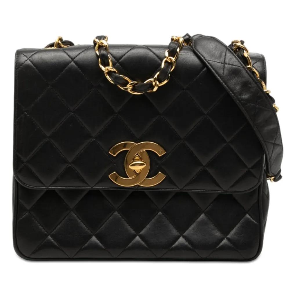 Chanel XL CC Quilted Lambskin Square Single Flap Black Leather Very good - Front View