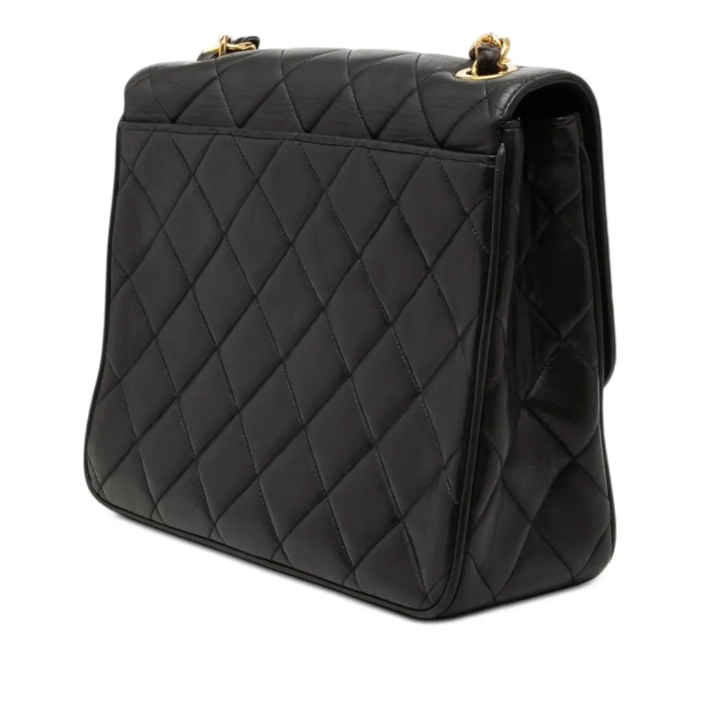 Chanel XL CC Quilted Lambskin Square Single Flap Black Leather Very good - Back View