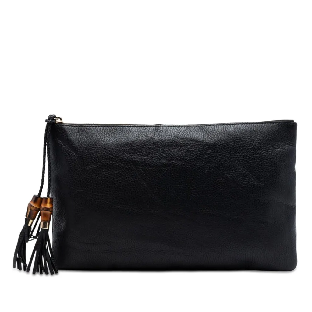Gucci Calfskin Bamboo Tassel Clutch Black Leather Very good - Front View