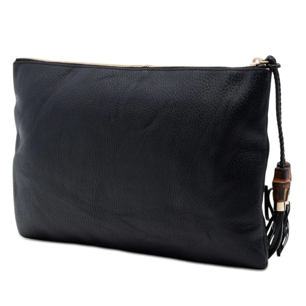 Gucci Calfskin Bamboo Tassel Clutch Black Leather Very good - Back View