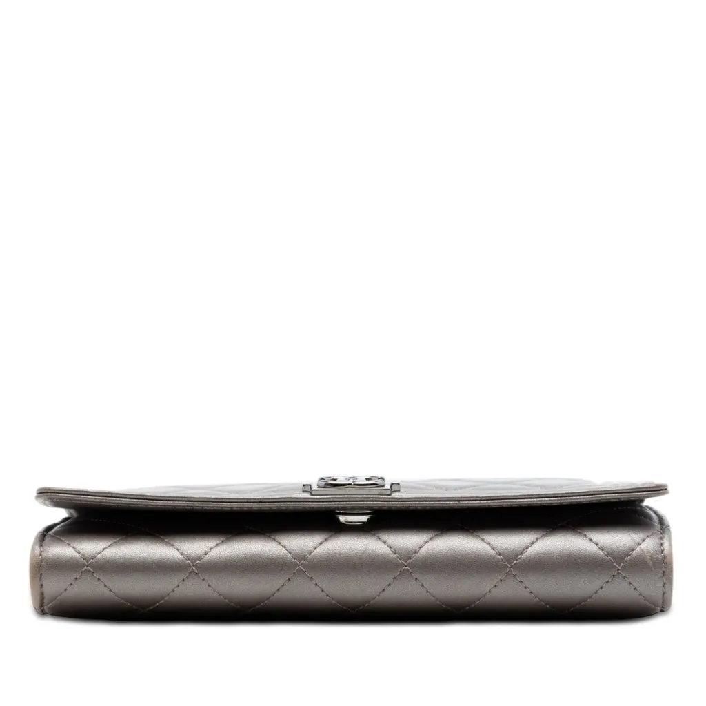 Chanel Quilted Metallic Lambskin Boy Clutch On Chain Brown Leather Very good - Inside View