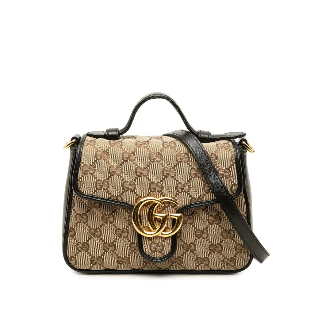 Gucci Mini GG Marmont Matelasse Diagonal GG Canvas and Calfskin Top Handle Bag Beige Canvas Good - Front View