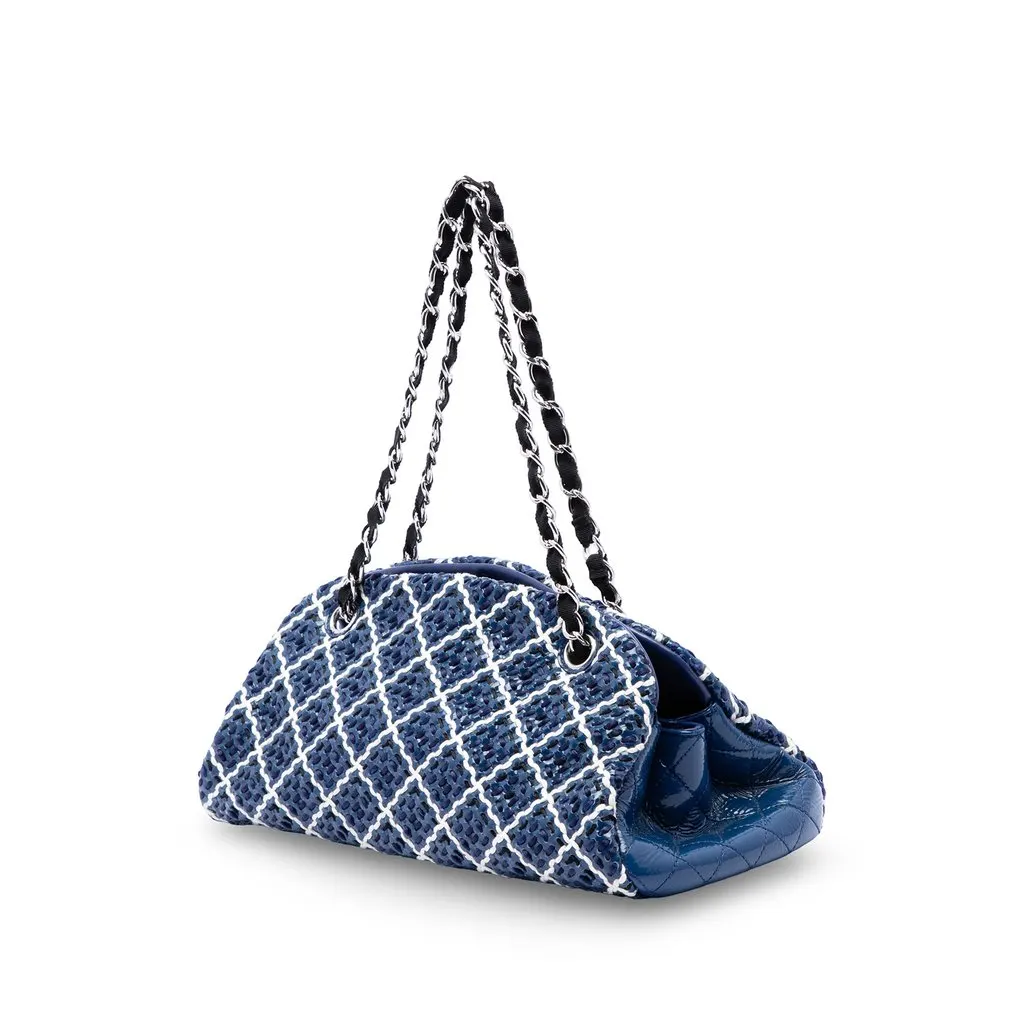 Chanel Medium Patent Stitch Just Mademoiselle Bowling Bag Blue Leather Very good - Back View