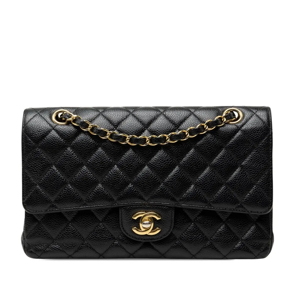 Chanel Medium Classic Caviar Double Flap Black Leather Very good - Front View