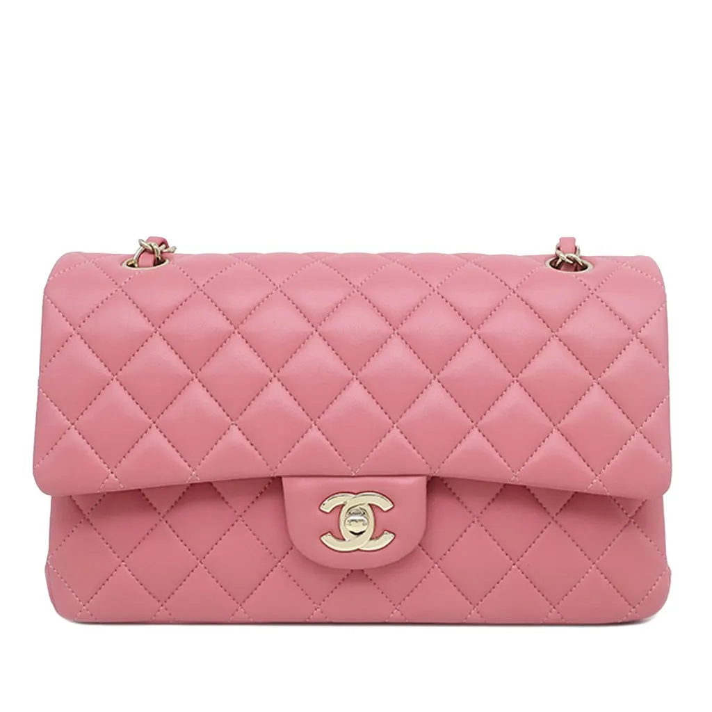 Chanel Medium Classic Lambskin Double Flap Pink Leather Very good - Front View