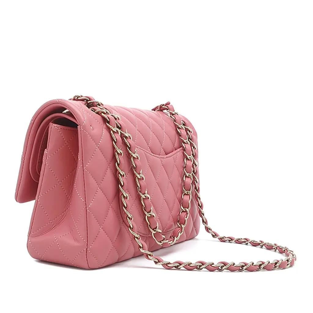 Chanel Medium Classic Lambskin Double Flap Pink Leather Very good - Back View