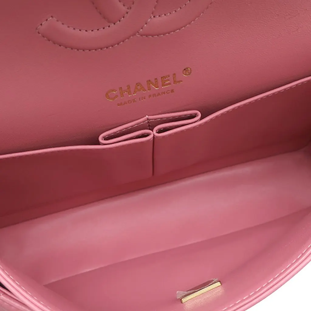 Chanel Medium Classic Lambskin Double Flap Pink Leather Very good - Model View