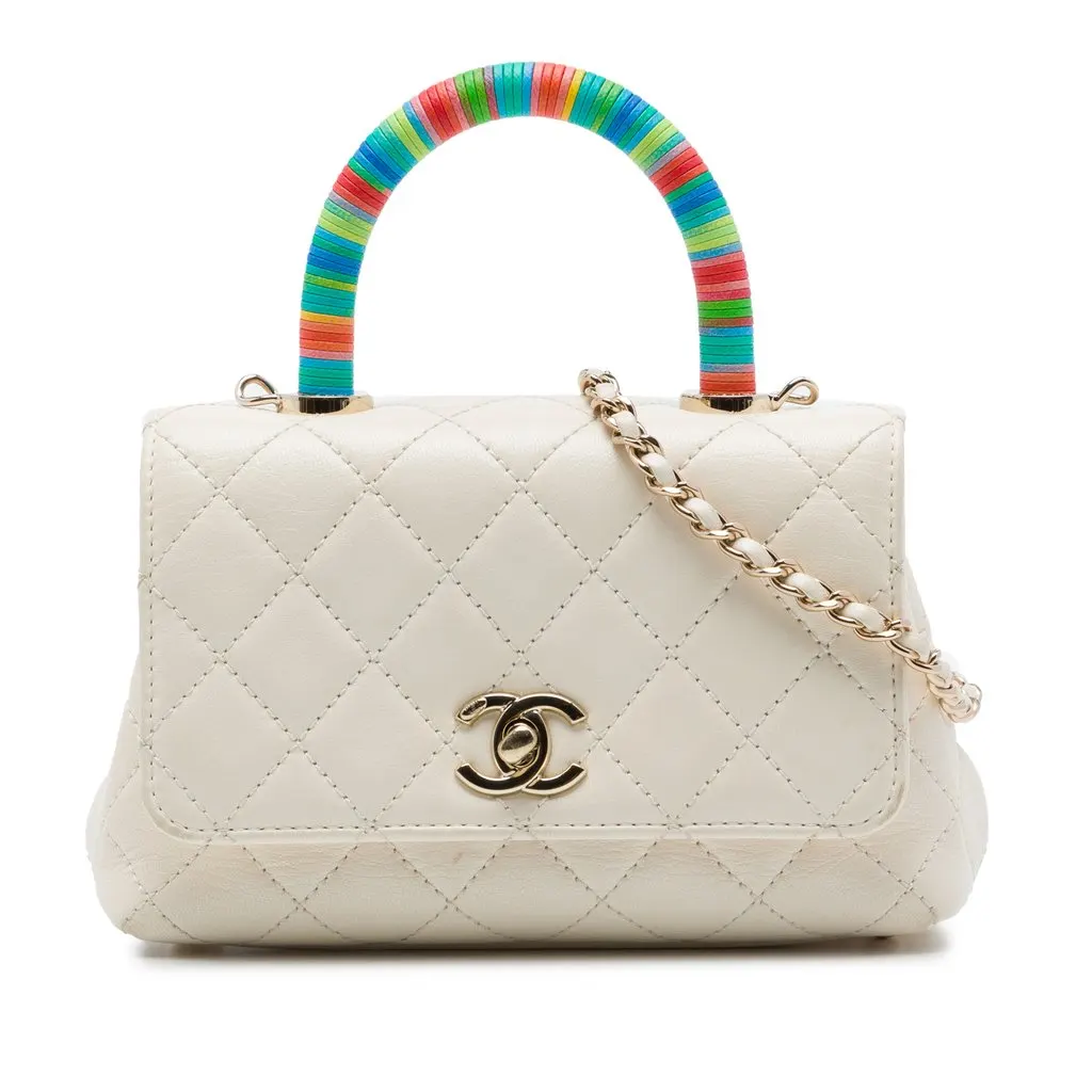 Chanel Extra Mini Quilted Goatskin Rainbow Top Handle Flap White Leather Very good - Front View