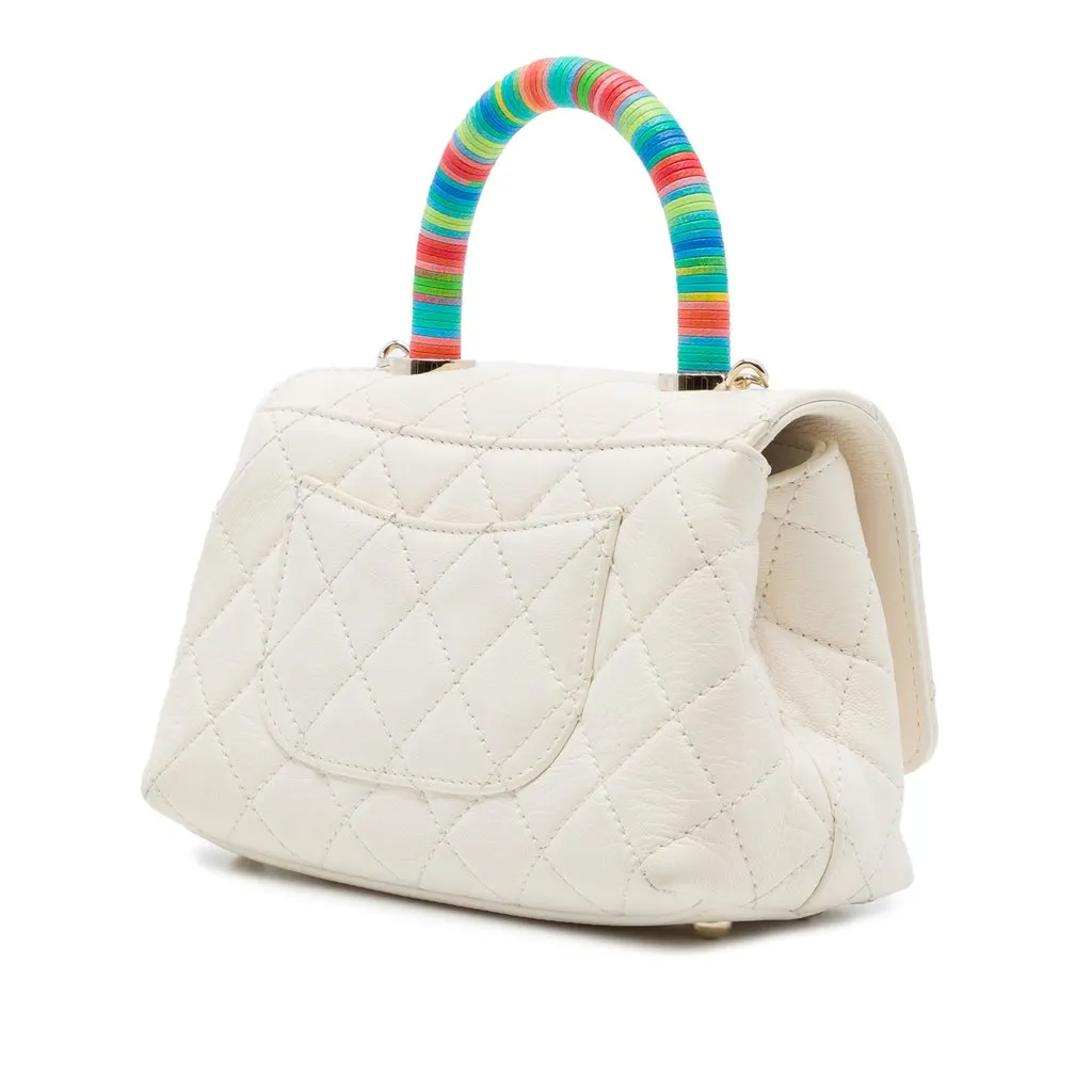 Chanel Extra Mini Quilted Goatskin Rainbow Top Handle Flap White Leather Very good - Back View