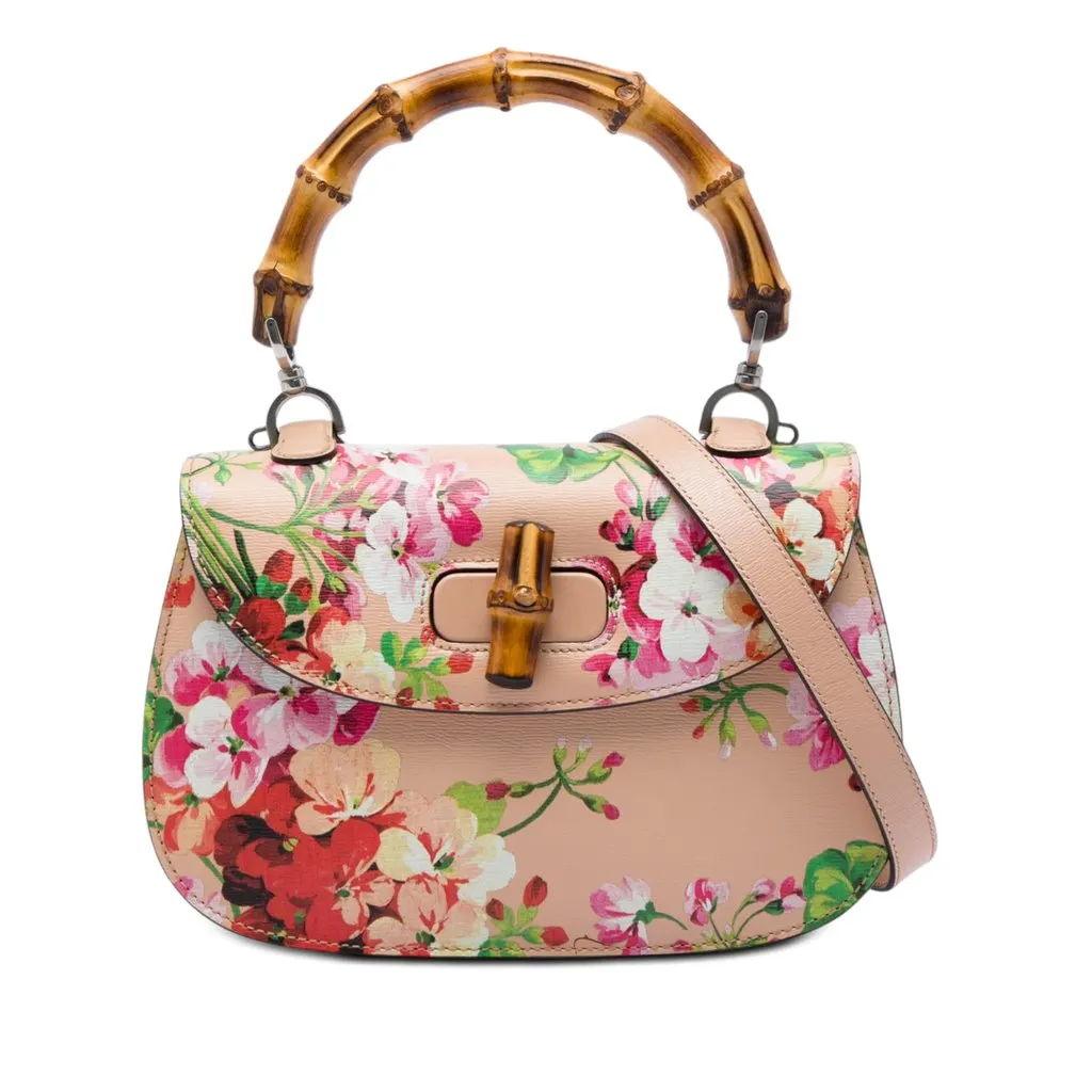 Gucci Medium Calfskin Blooms Bamboo Top Handle Bag Pink Leather Very good - Front View