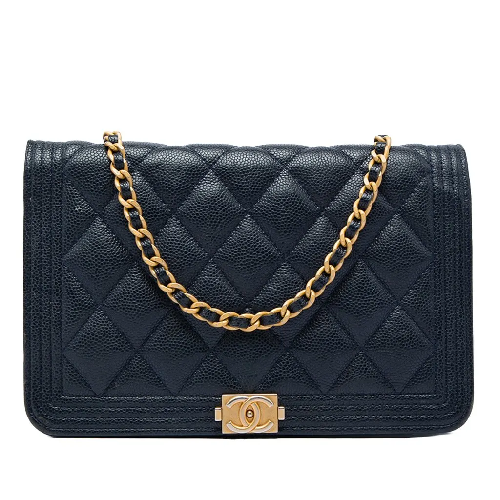 Chanel Quilted Caviar Boy Wallet on Chain Blue Leather Very good - Front View