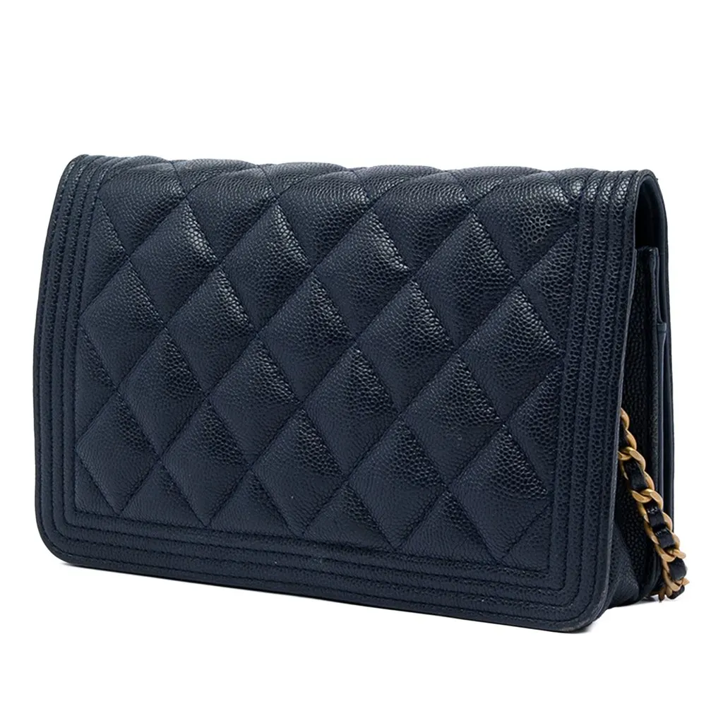 Chanel Quilted Caviar Boy Wallet on Chain Blue Leather Very good - Back View
