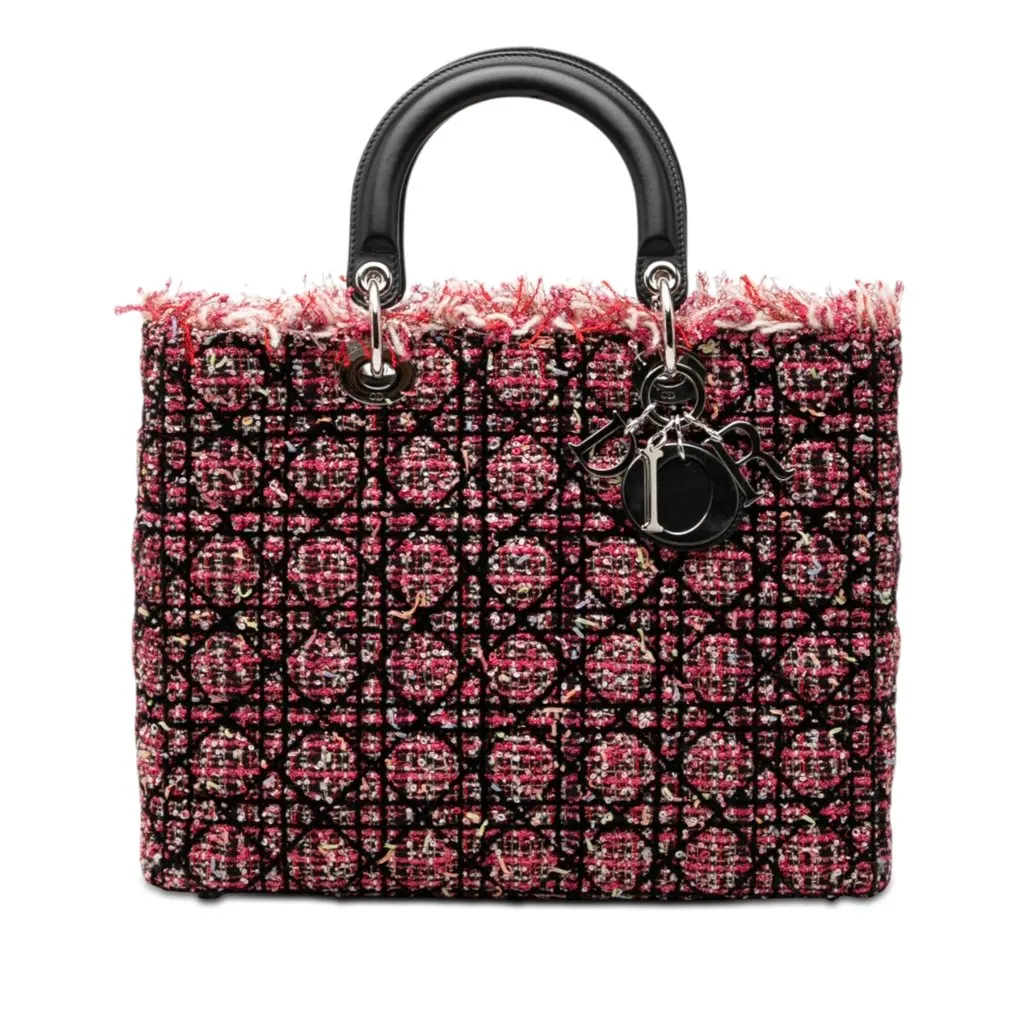 Dior Large Tweed Cannage Fringe Lady Dior Pink Very good - Front View