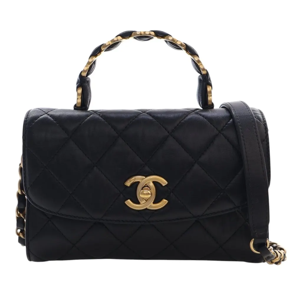 Chanel Mini CC Quilted Lambskin Links Top Handle Flap Black Leather Very good - Front View