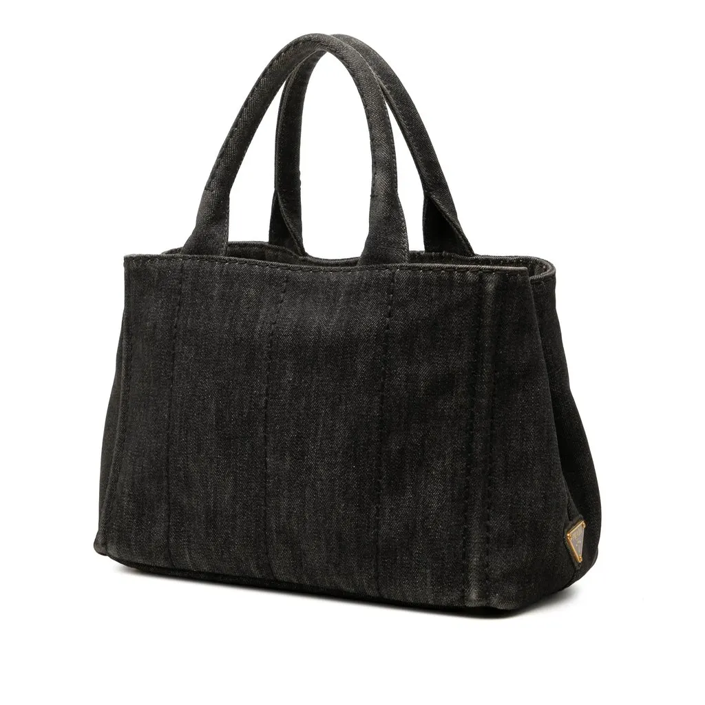 Prada Small Denim Canapa Logo Tote Grey Denim Very good - Back View