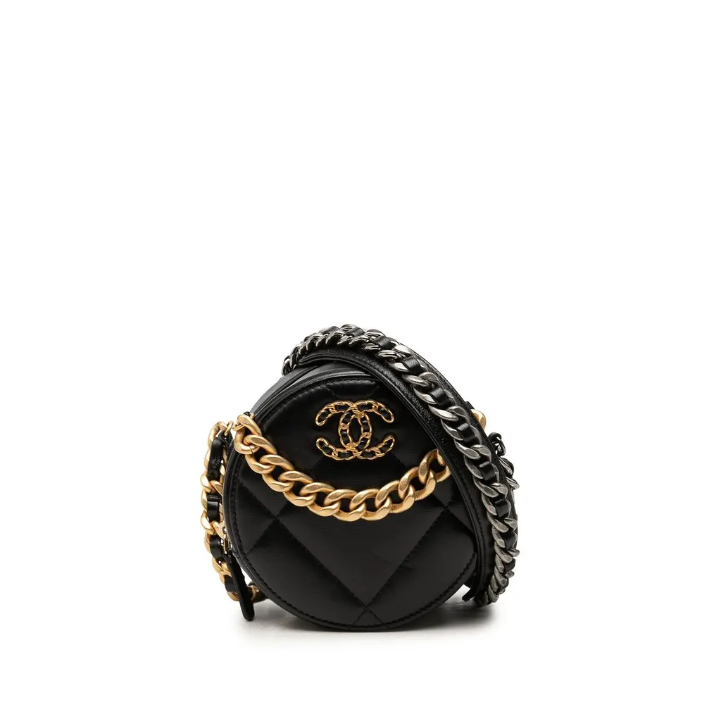 Chanel Lambskin 19 Round Clutch with Chain Black Leather Good - Front View