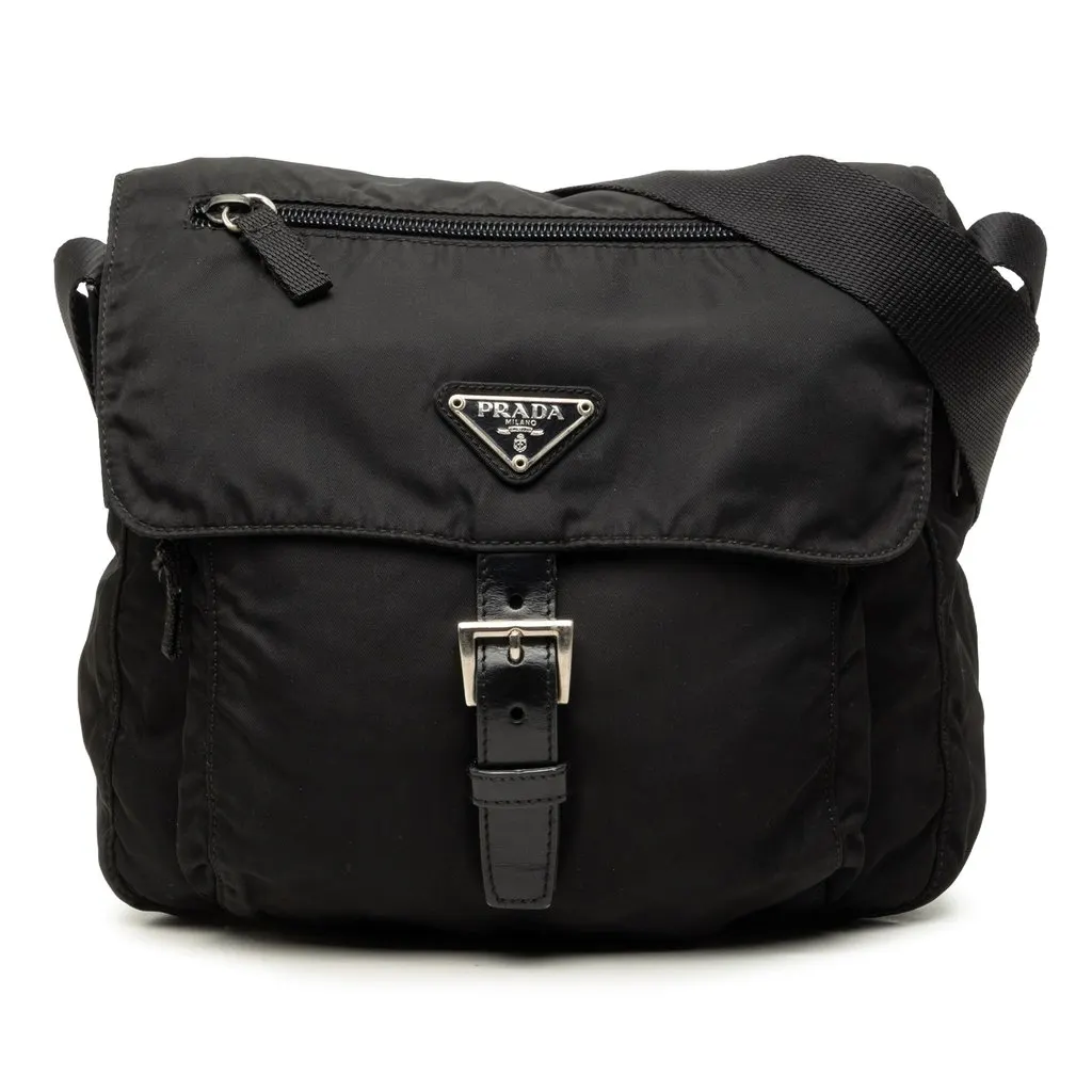 Prada Tessuto Zip Buckle Messenger Bag Black Polyamide Very good - Front View