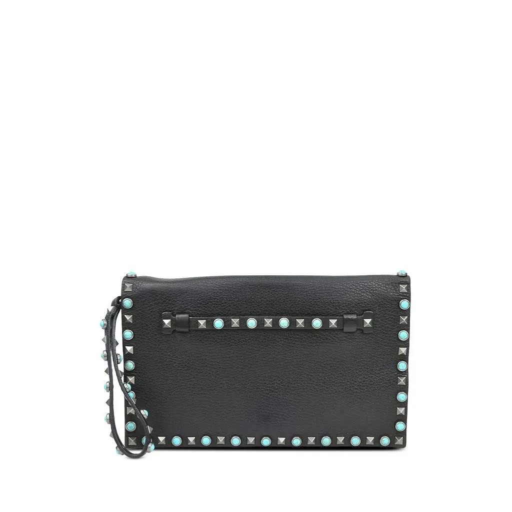 Valentino Leather Rolling Rockstud Wristlet Clutch