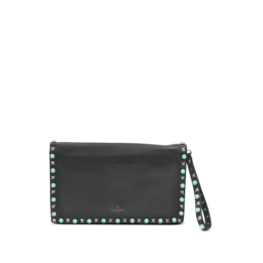 Valentino Leather Rolling Rockstud Wristlet Clutch Black Leather Good - Back View
