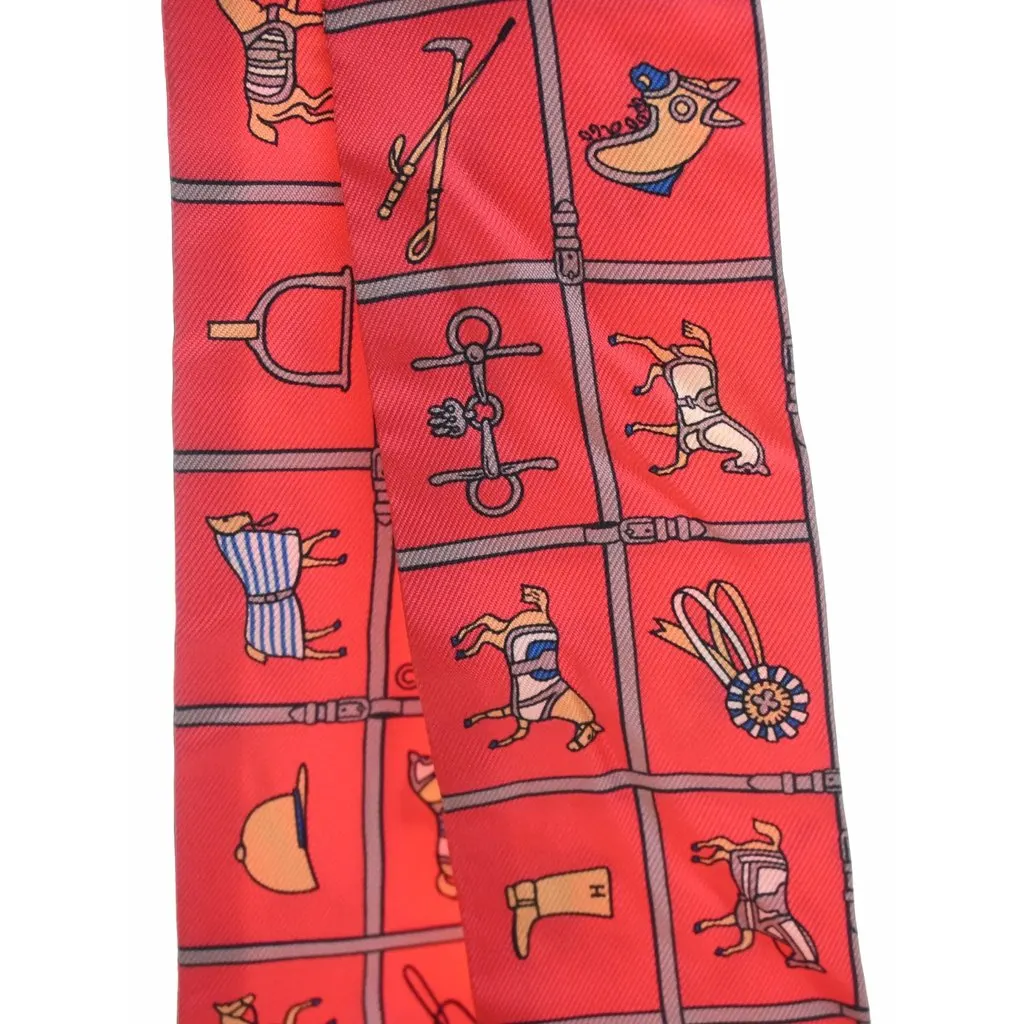 Hermès Les Flots Du Cheval Silk Twilly Scarf Pink Very good - Model View
