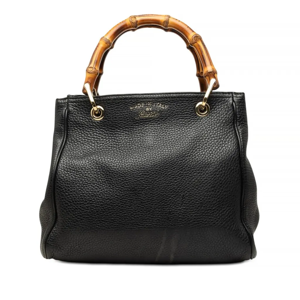 Gucci Small Calfskin Bamboo Shopper Satchel Black Leather Good - Front View