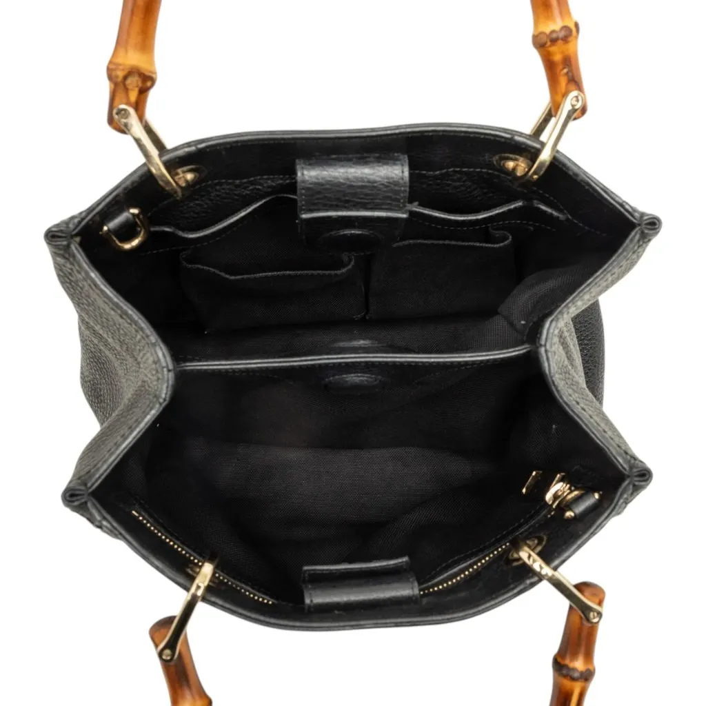 Gucci Small Calfskin Bamboo Shopper Satchel Black Leather Good - Model View