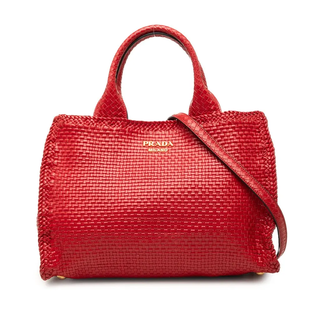 Prada Small Woven Goatskin Madras Satchel Red Leather Very good - Front View