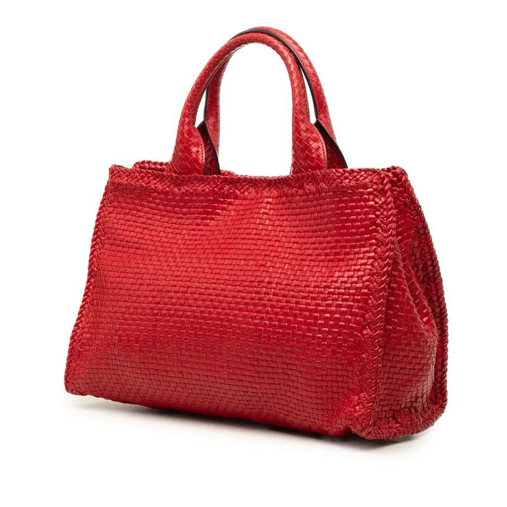 Prada Small Woven Goatskin Madras Satchel Red Leather Very good - Back View