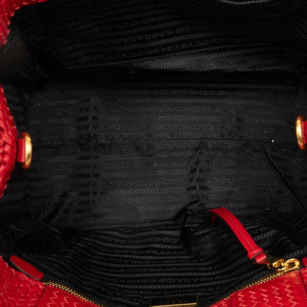 Prada Small Woven Goatskin Madras Satchel Red Leather Very good - Model View