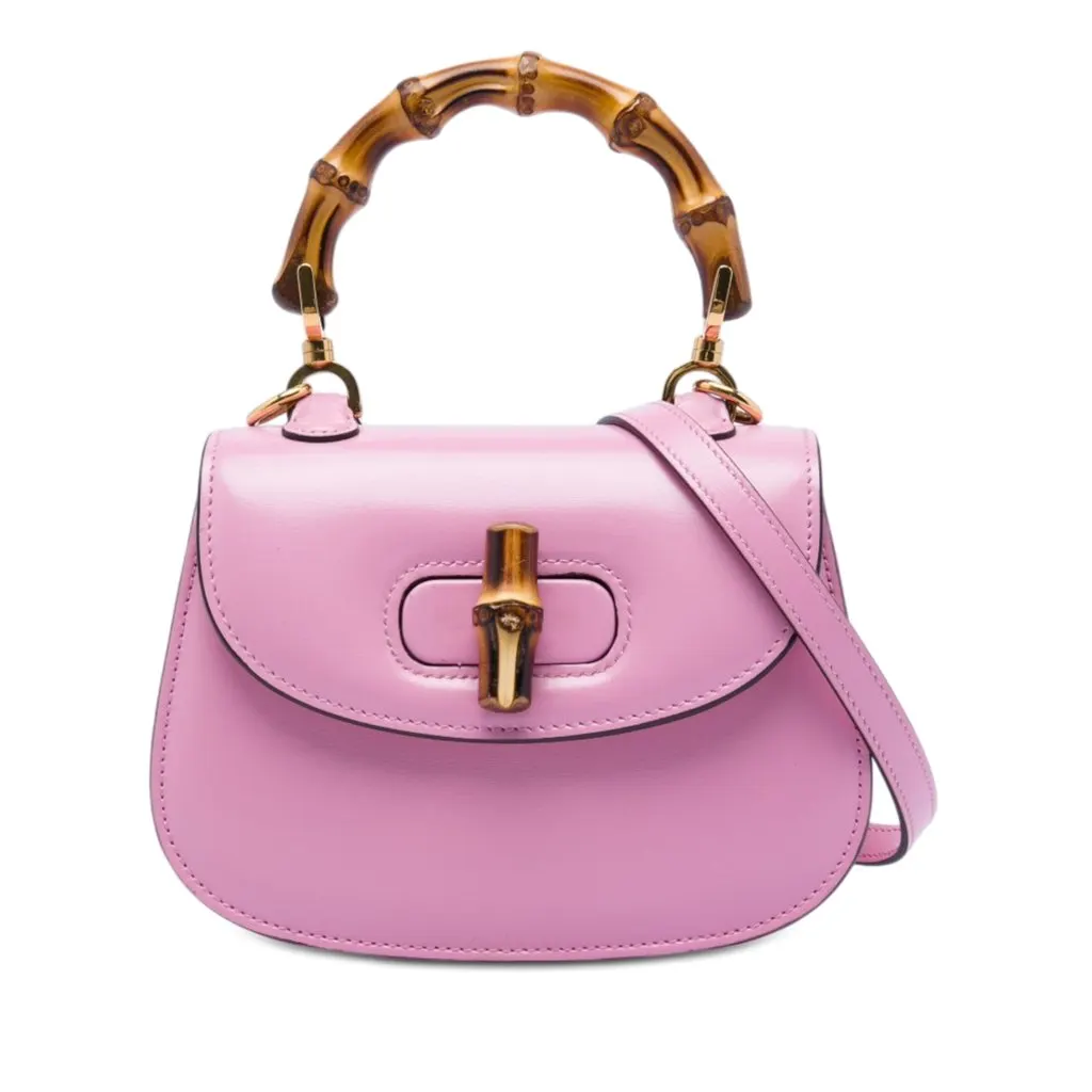 Gucci Mini Calfskin Web 1947 Bamboo Top Handle Bag Pink Leather Very good - Front View