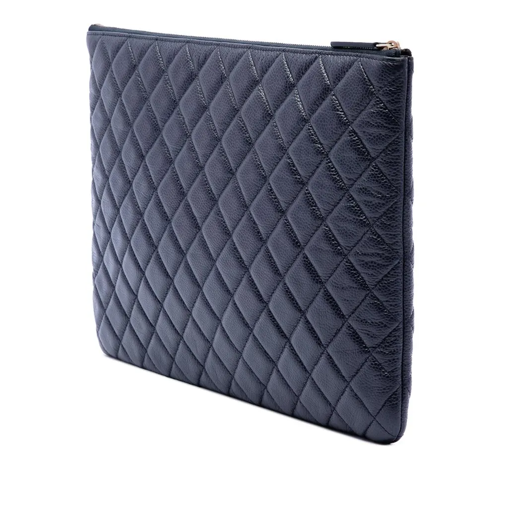 Chanel Large Quilted Caviar O Case Clutch Blue Leather Very good - Back View