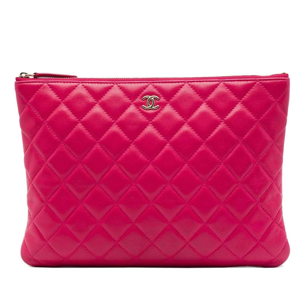 Chanel Medium Quilted Lambskin O Case Clutch Pink Leather Very good - Front View