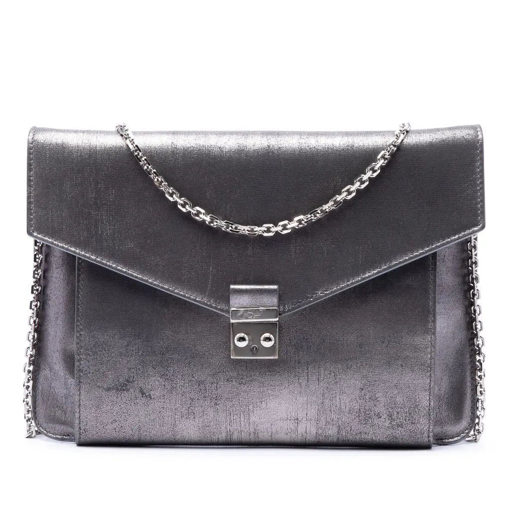 Dior Metallic Leather Shadow Soft Pouch on Chain Silver Leather Very good - Front View