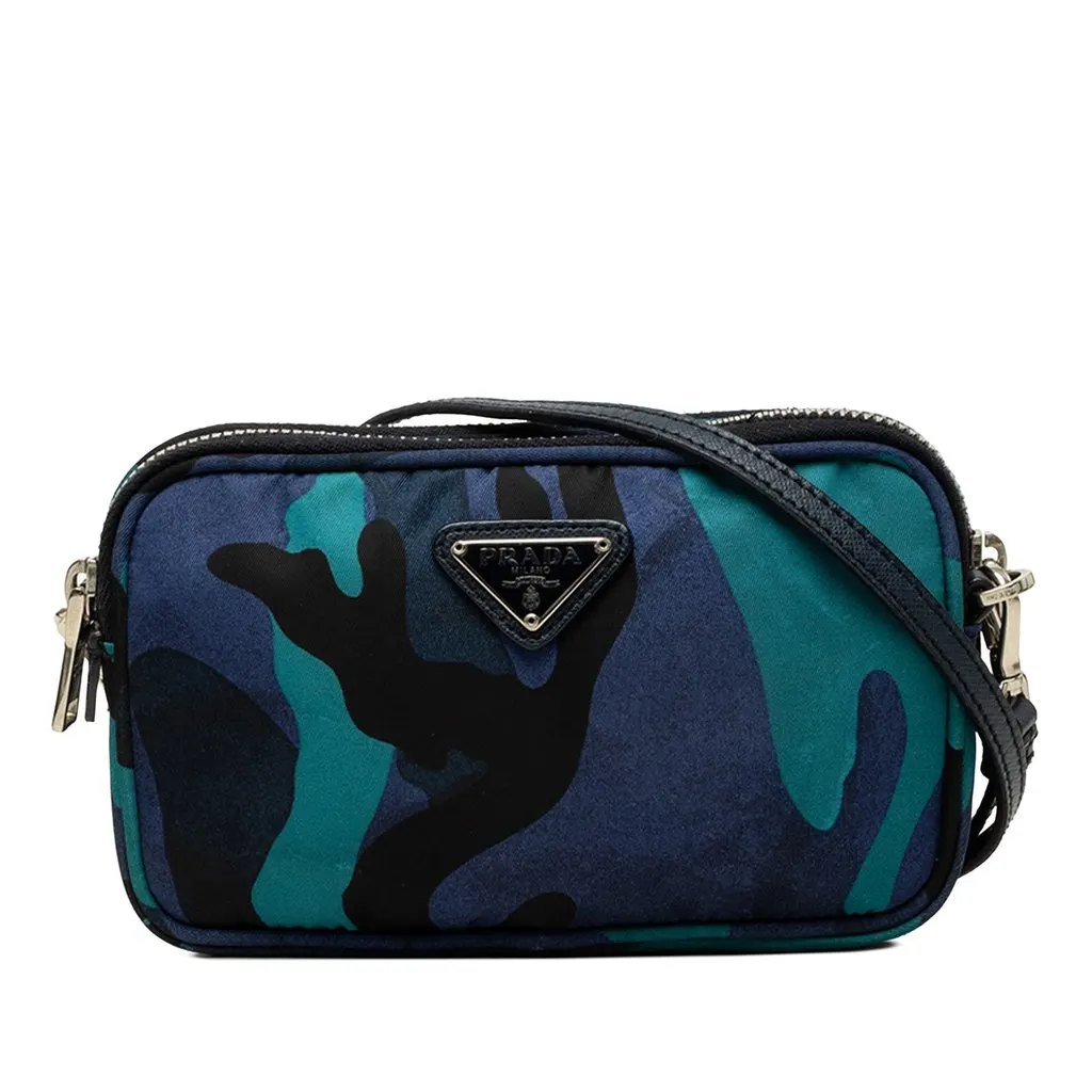 Prada Mini Tessuto Camouflage Double Zip Camera Bag Blue Polyamide Good - Front View