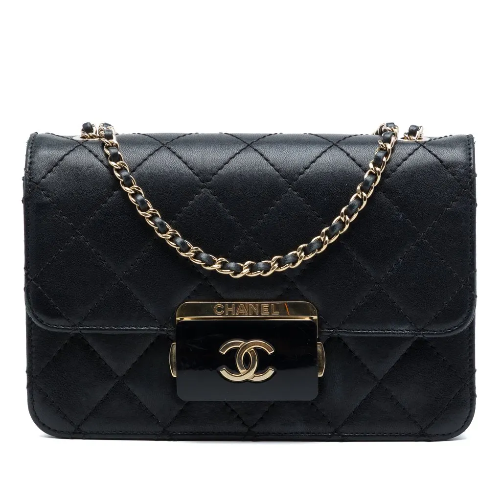 Chanel Mini Sheepskin Beauty Lock Flap Black Leather Good - Front View