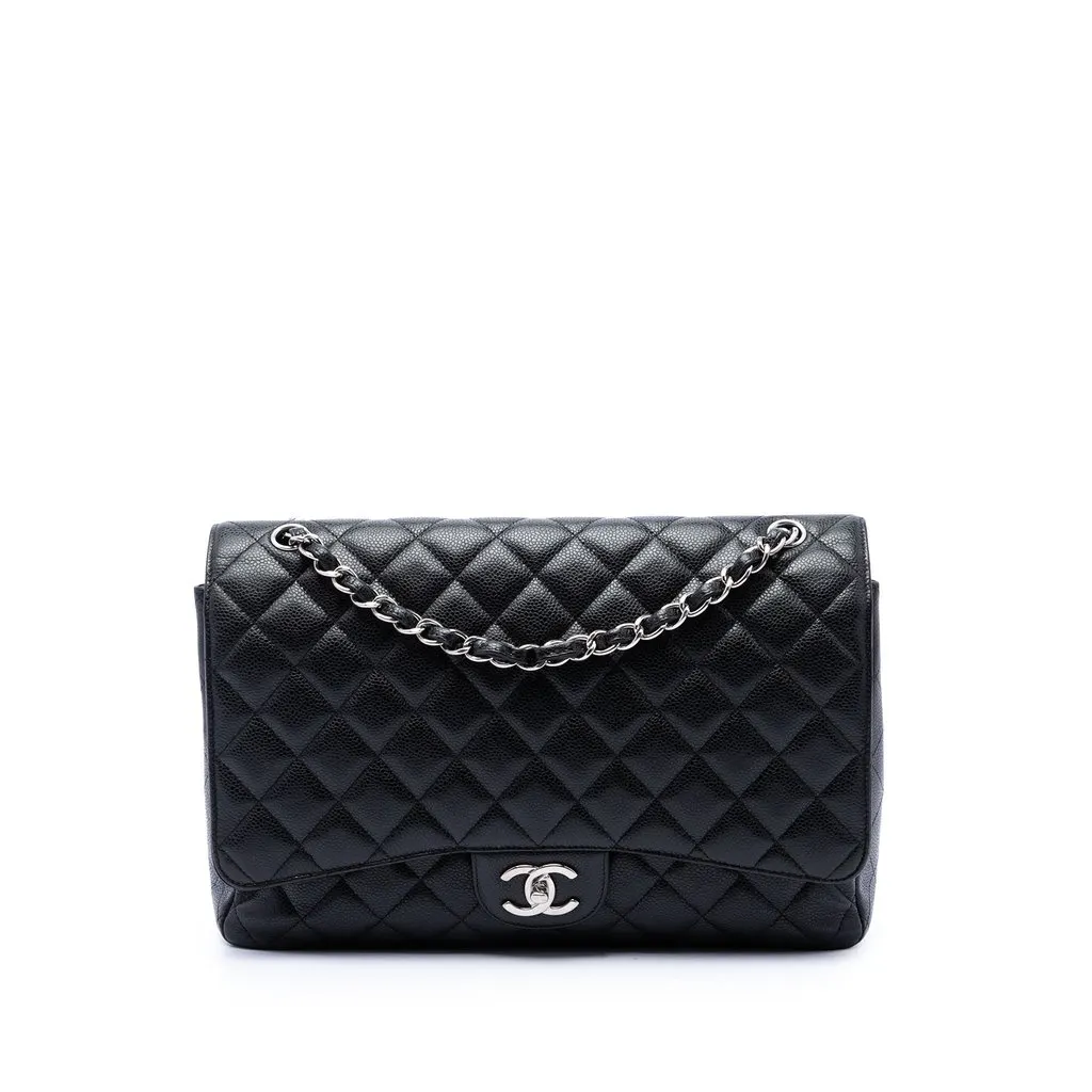 Chanel Maxi Classic Caviar Double Flap Black Leather Good - Front View