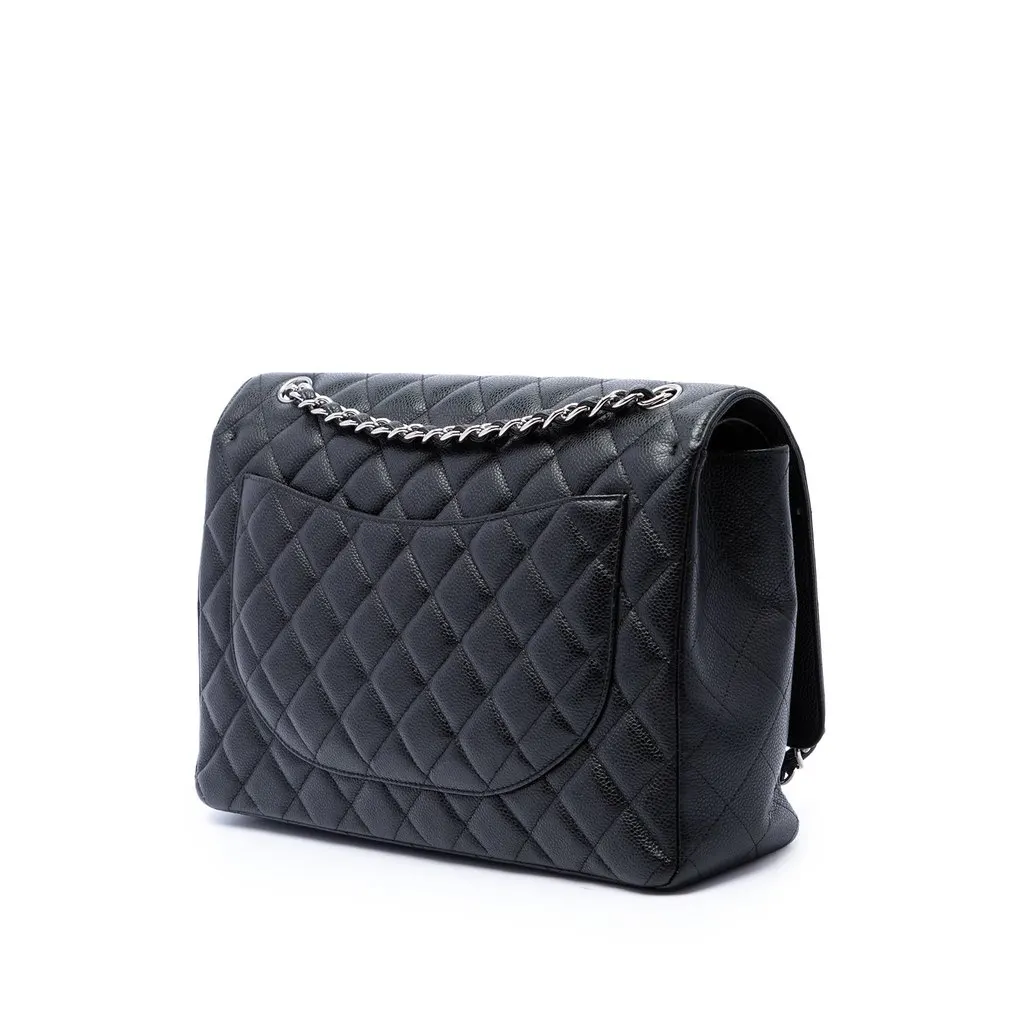 Chanel Maxi Classic Caviar Double Flap Black Leather Good - Back View