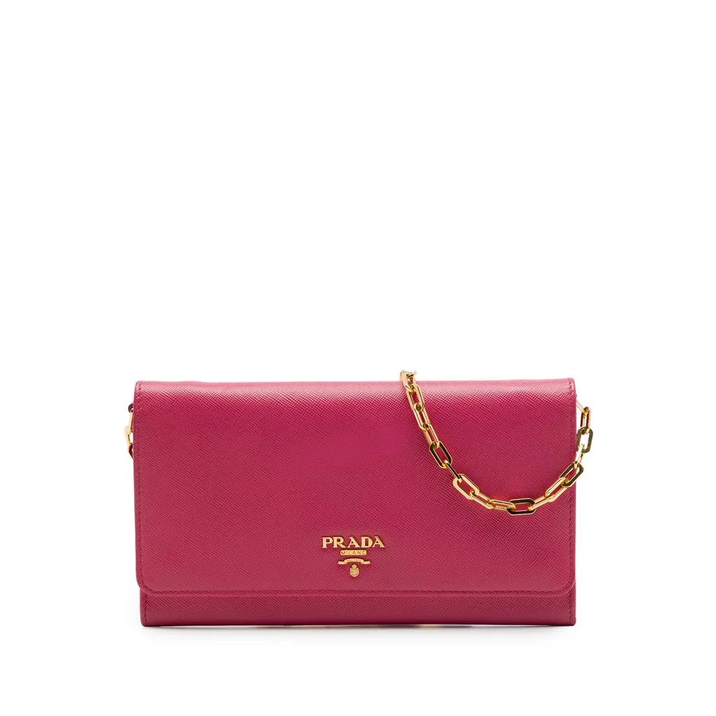 Prada Saffiano Wallet on Chain Pink Leather Very good - Front View