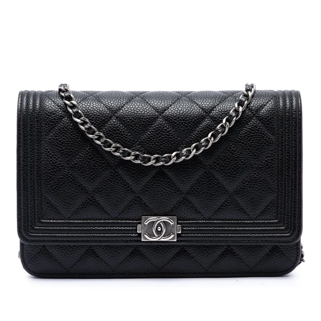 Chanel Quilted Caviar Boy Wallet on Chain Black Leather Good - Front View