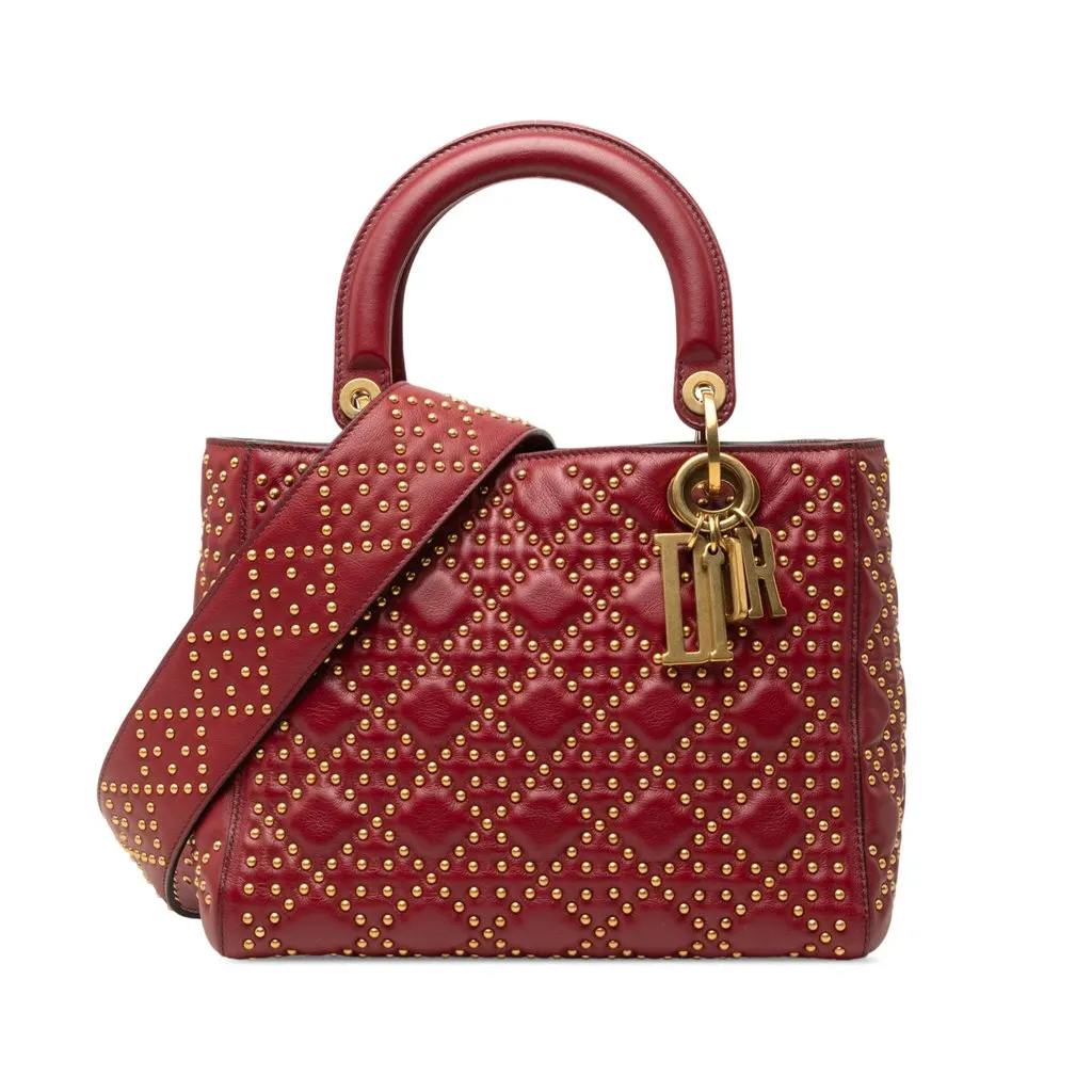 Dior Medium Lambskin Cannage Studded Supple Lady Dior Red Leather Very good - Front View