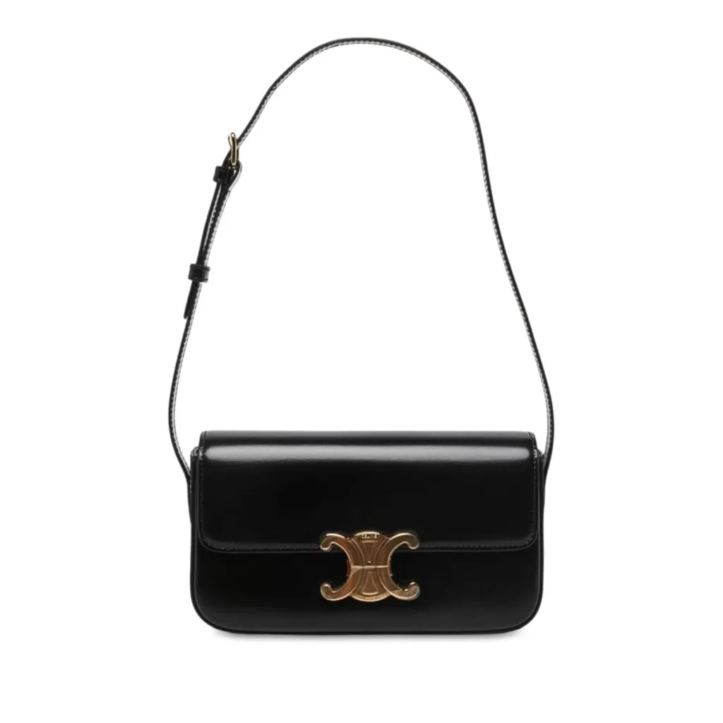 Celine Shiny Calfskin Triomphe Claude Shoulder Bag Black Leather Very good - Front View