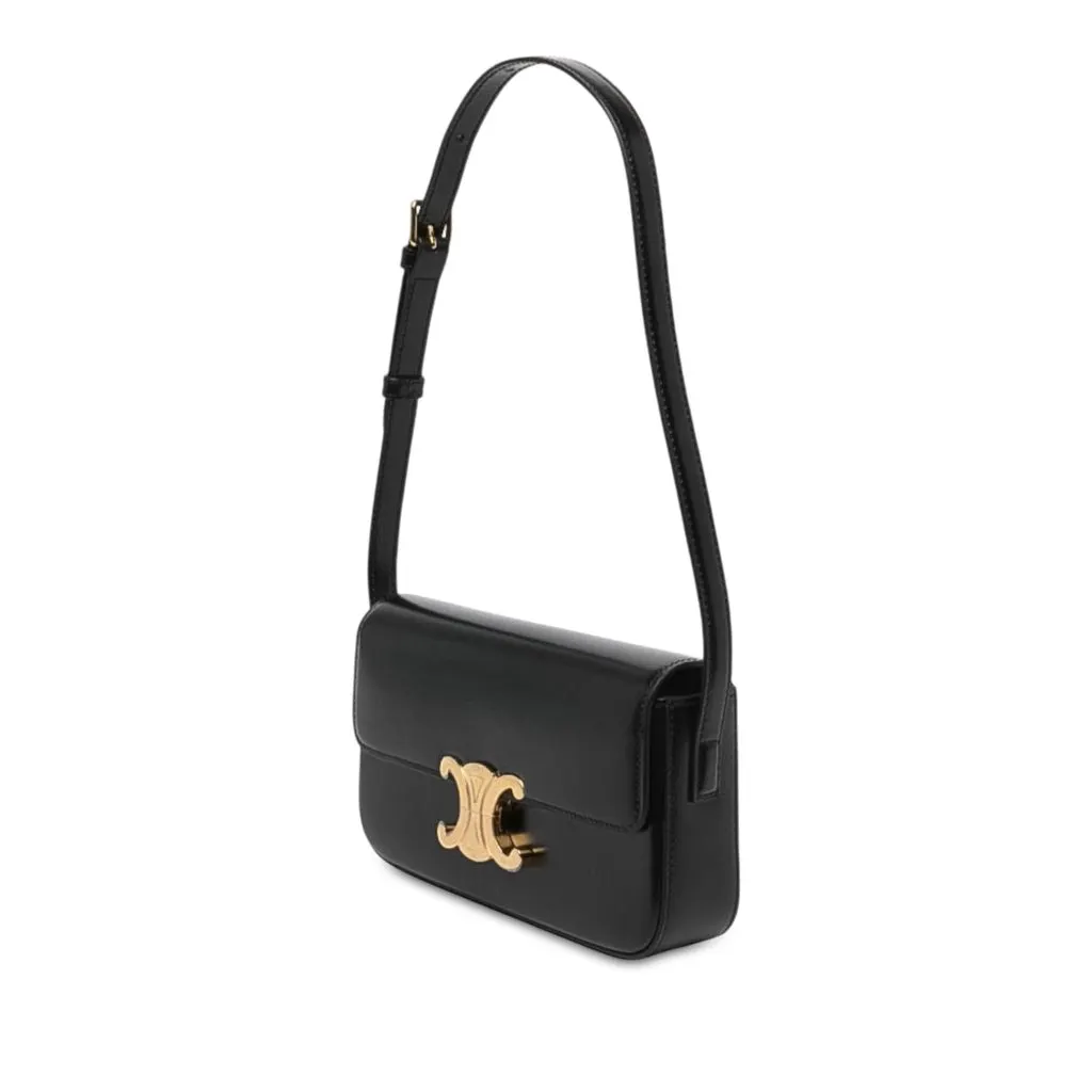 Celine Shiny Calfskin Triomphe Claude Shoulder Bag Black Leather Very good - Back View