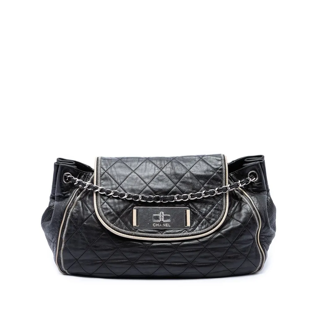 Chanel Quilted Lambskin East West Mademoiselle Accordion Flap Black Leather Very good - Front View