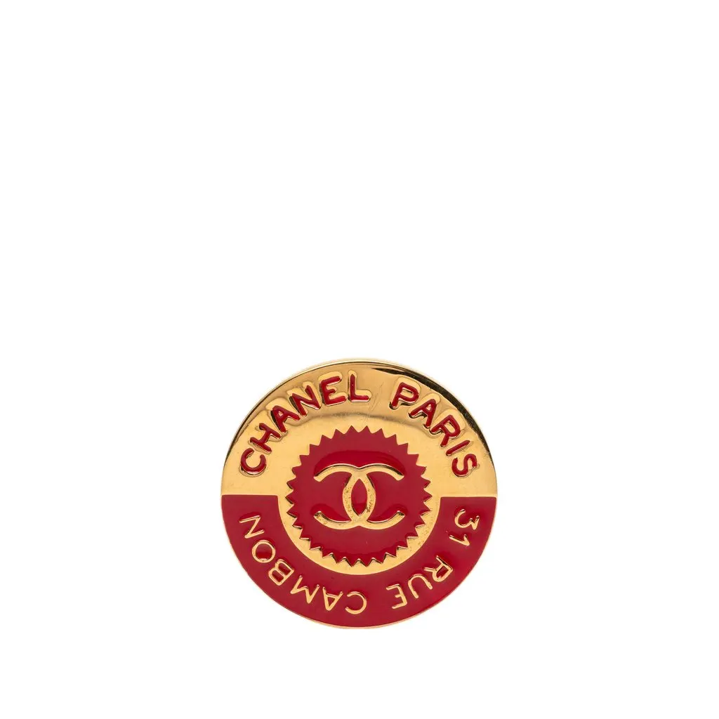 Chanel CC Gold Plated Enamel Round Pin Brooch Gold Metal Very good - Front View