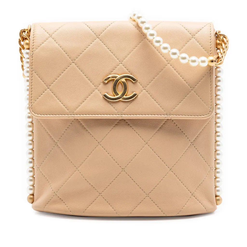 Chanel Small Quilted Calfskin About Pearls Hobo Beige Leather Very good - Front View