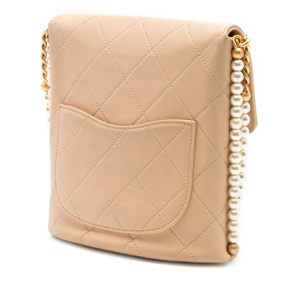 Chanel Small Quilted Calfskin About Pearls Hobo Beige Leather Very good - Back View