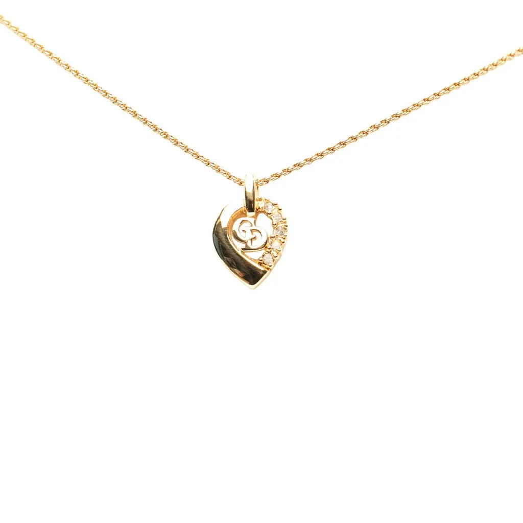 Dior Gold Plated Strass CD Logo Heart Pendant Necklace Gold Metal Very good - Front View