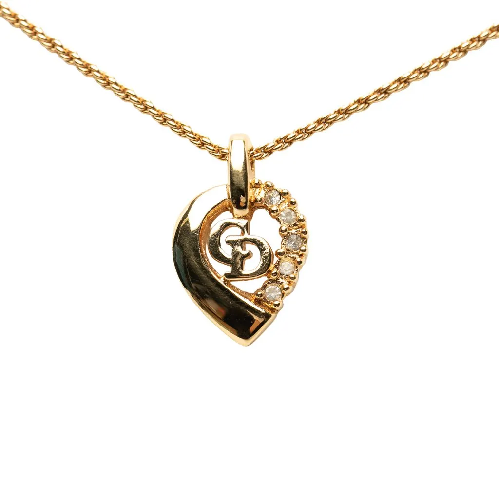 Dior Gold Plated Strass CD Logo Heart Pendant Necklace Gold Metal Very good - Back View